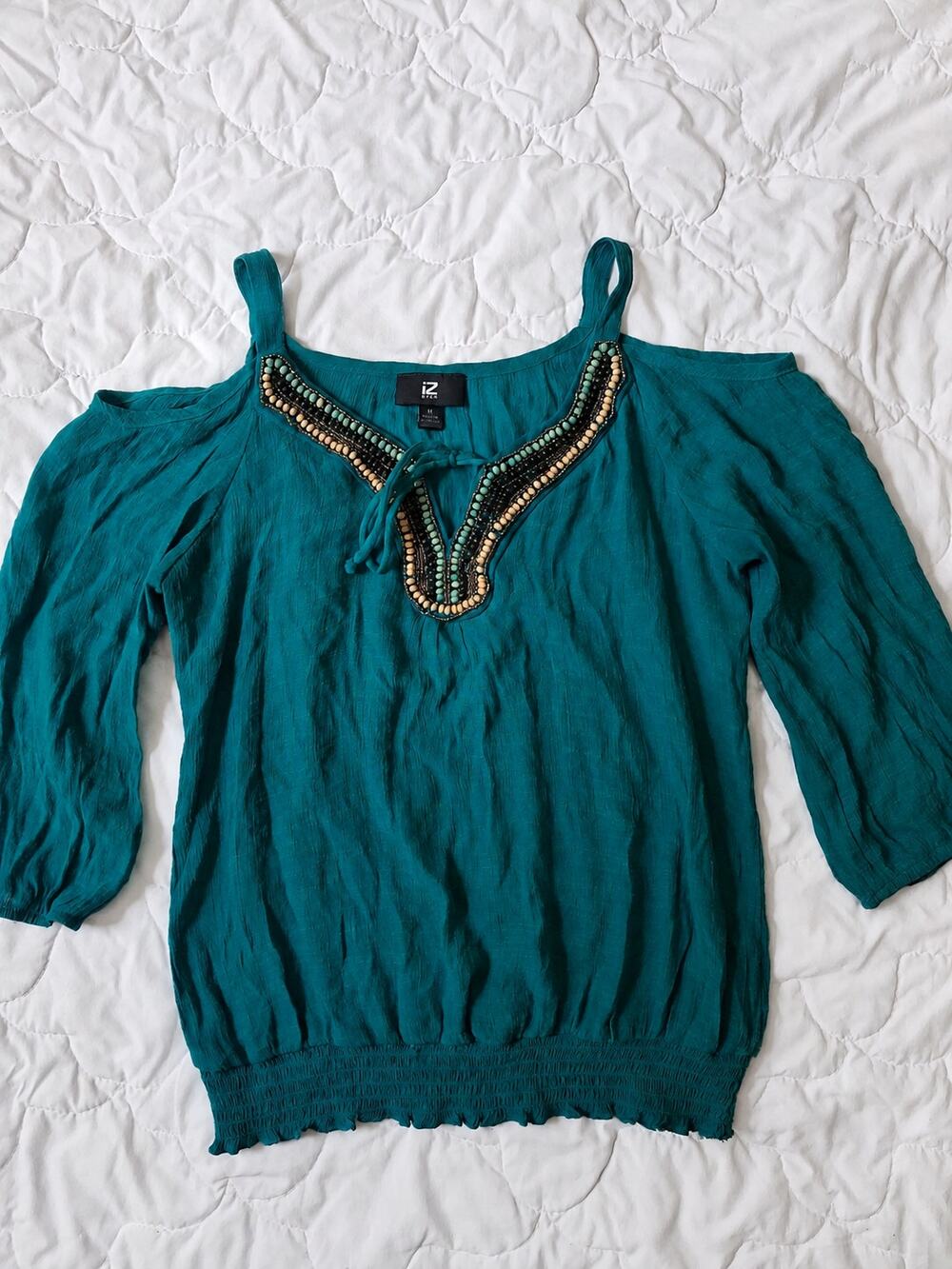IZ Byer Teal Beaded Cold Shoulder Blouse Medium Boho Western Peasant Top
